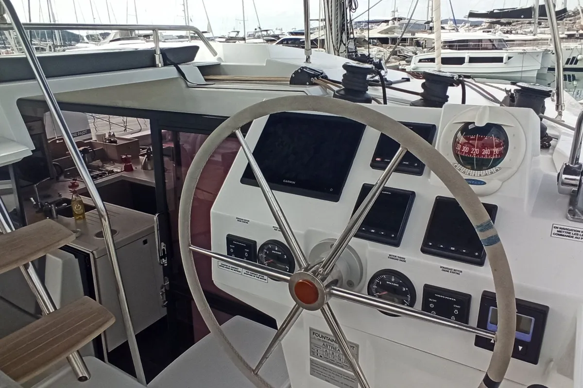 Cockpit of Magic Summer, a Fountaine Pajot Astréa 42 catamaran at Seget Donji, Croatia