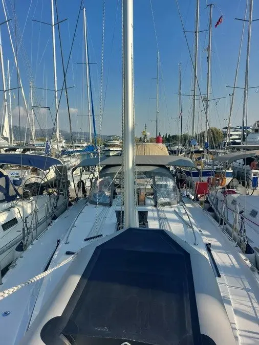 Deck of Marabou, a Bavaria C42 sailboat at Lefkada, Greece