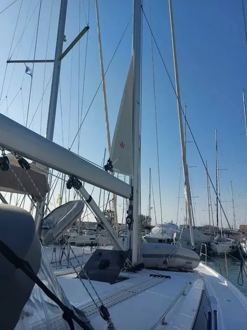 Deck of Marabou, a Bavaria C42 sailboat at Lefkada, Greece