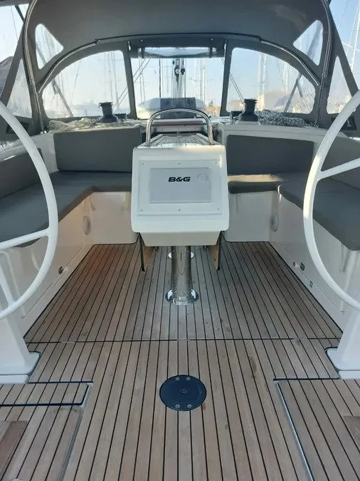 Cockpit of Marabou, a Bavaria C42 sailboat at Lefkada, Greece