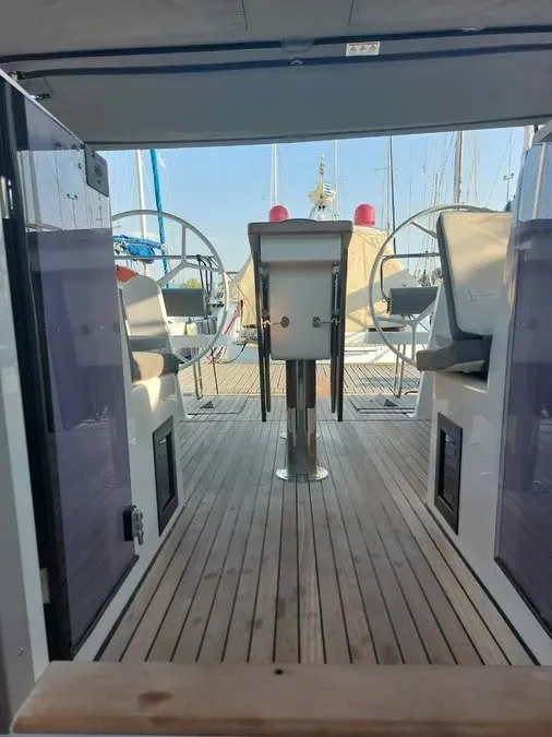 Cockpit of Marabou, a Bavaria C42 sailboat at Lefkada, Greece