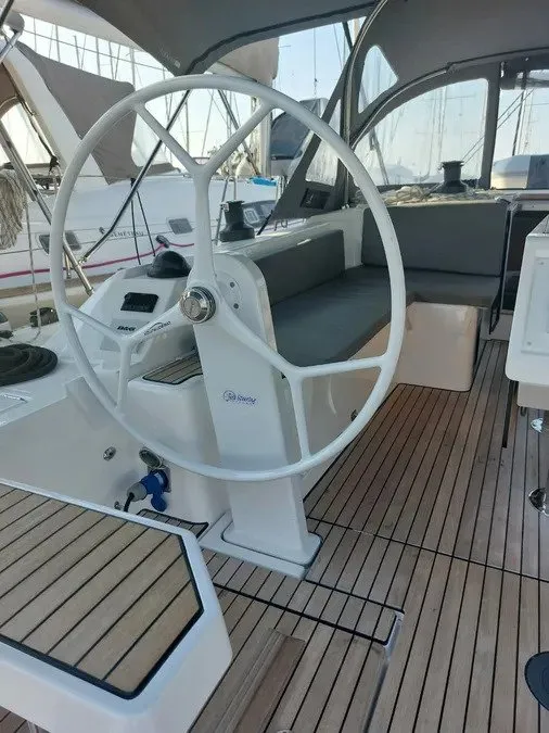 Cockpit of Marabou, a Bavaria C42 sailboat at Lefkada, Greece