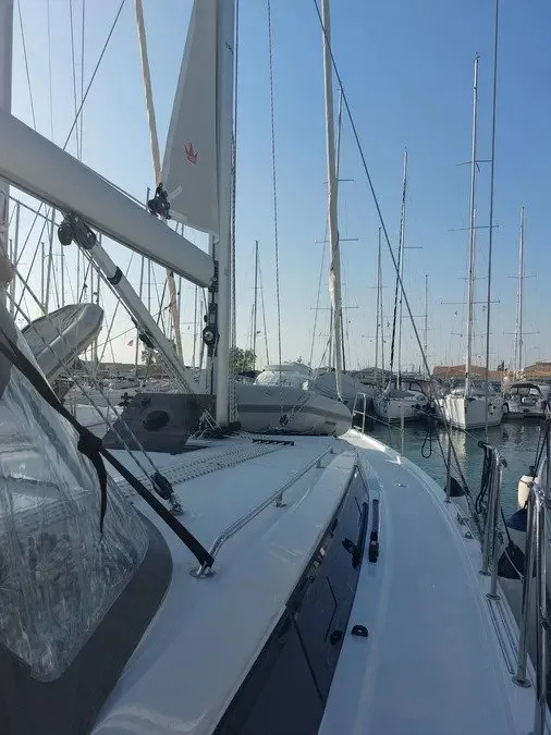 Deck of Marabou, a Bavaria C42 sailboat at Lefkada, Greece