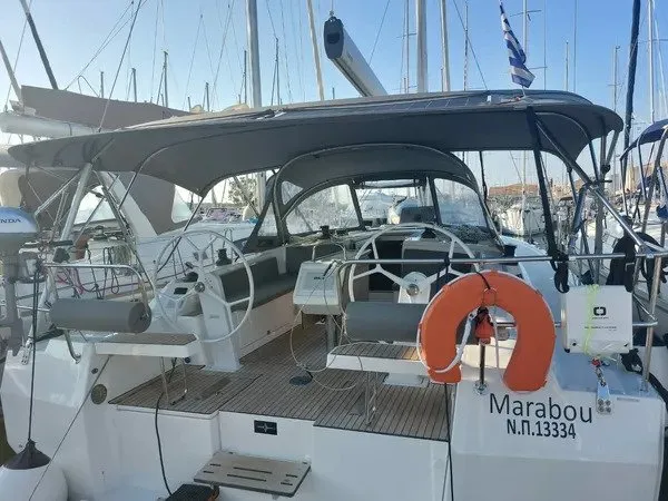 Deck of Marabou, a Bavaria C42 sailboat at Lefkada, Greece