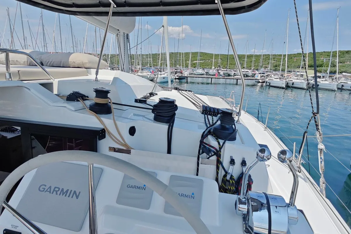 Cockpit of Caramita, a Fountaine Pajot Elba 45 catamaran at Punat, Croatia
