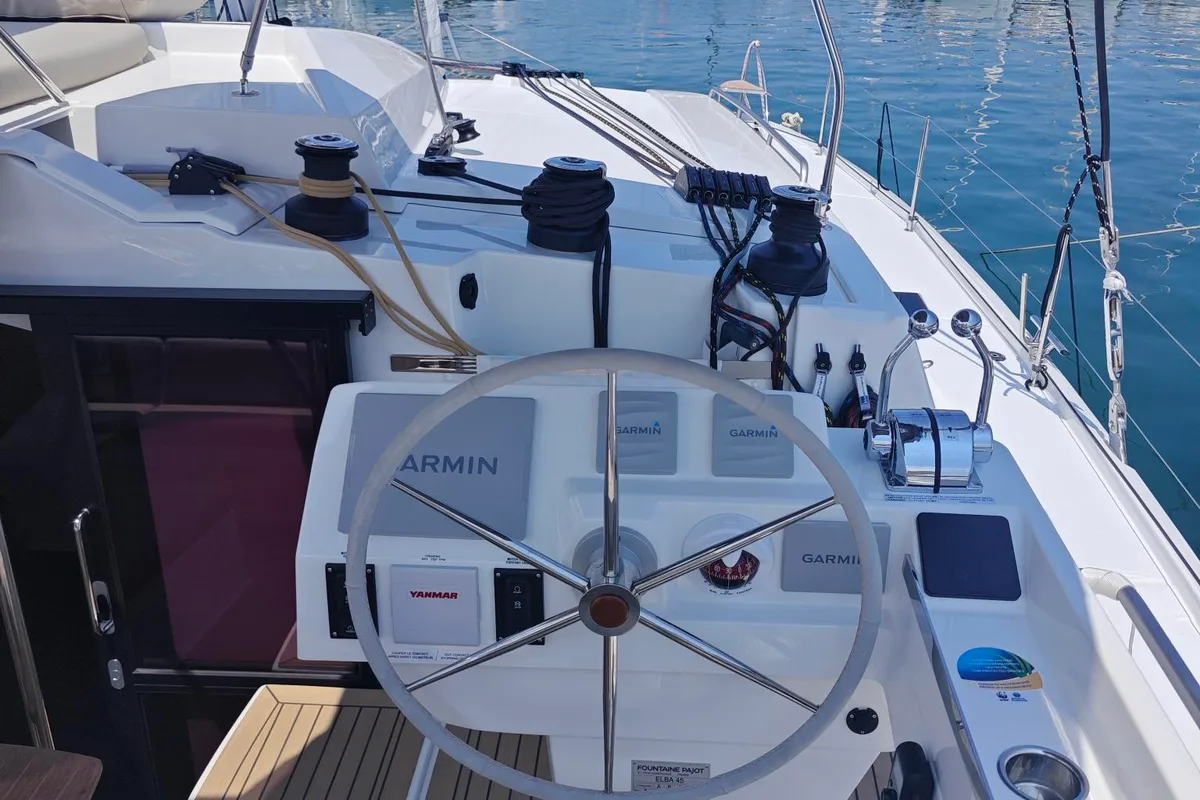 Cockpit of Caramita, a Fountaine Pajot Elba 45 catamaran at Punat, Croatia
