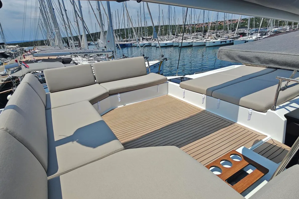 Deck of Caramita, a Fountaine Pajot Elba 45 catamaran at Punat, Croatia
