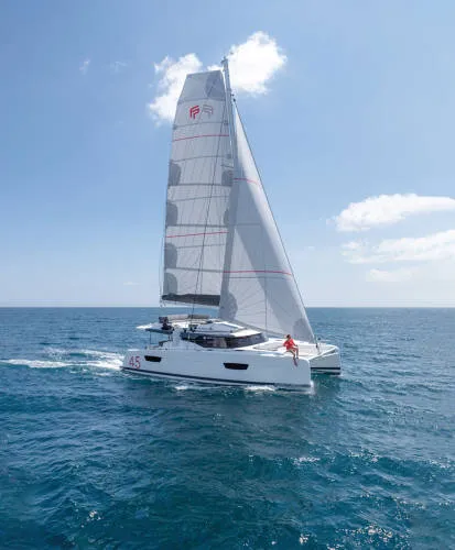 Exterior view of Caramita, a Fountaine Pajot Elba 45 catamaran at Punat, Croatia