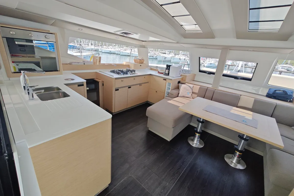 Salon of Caramita, a Fountaine Pajot Elba 45 catamaran at Punat, Croatia