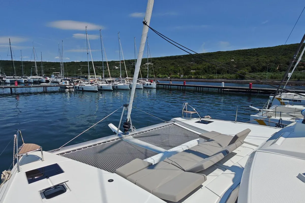 Deck of Caramita, a Fountaine Pajot Elba 45 catamaran at Punat, Croatia