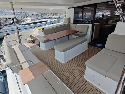 Deck of Caramita, a Fountaine Pajot Elba 45 catamaran at Punat, Croatia