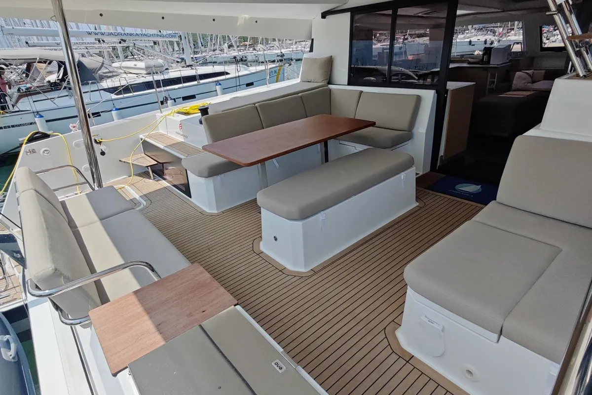 Deck of Caramita, a Fountaine Pajot Elba 45 catamaran at Punat, Croatia