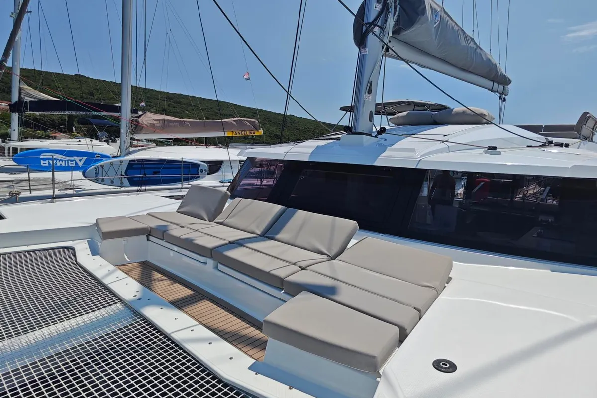 Deck of Caramita, a Fountaine Pajot Elba 45 catamaran at Punat, Croatia