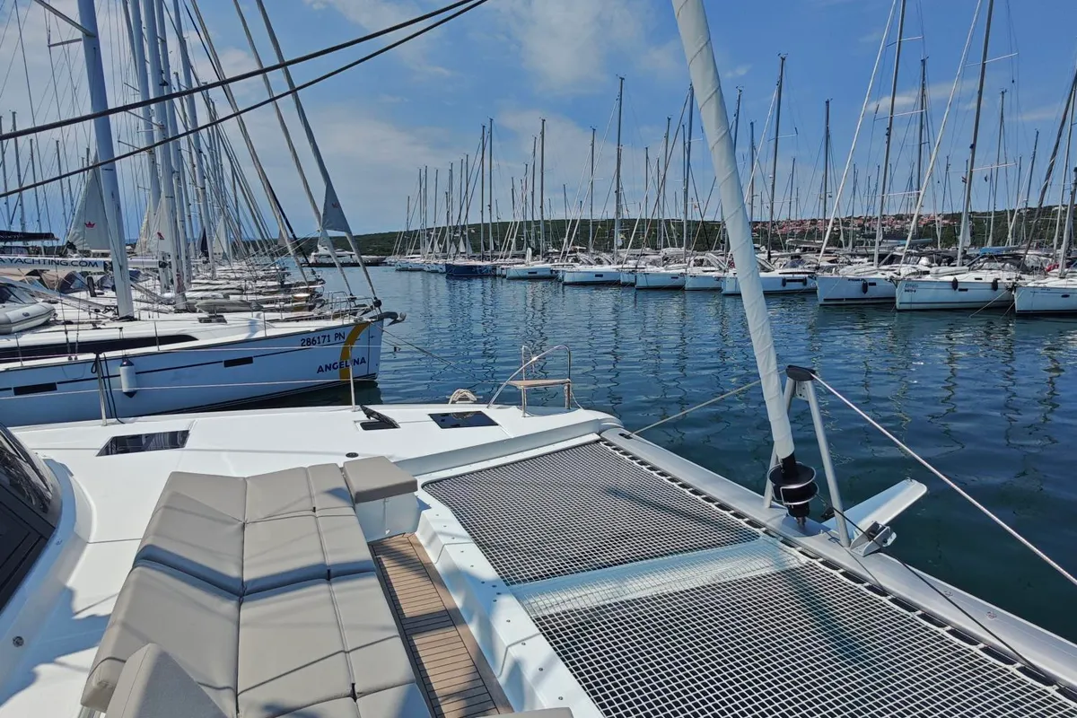 Deck of Caramita, a Fountaine Pajot Elba 45 catamaran at Punat, Croatia