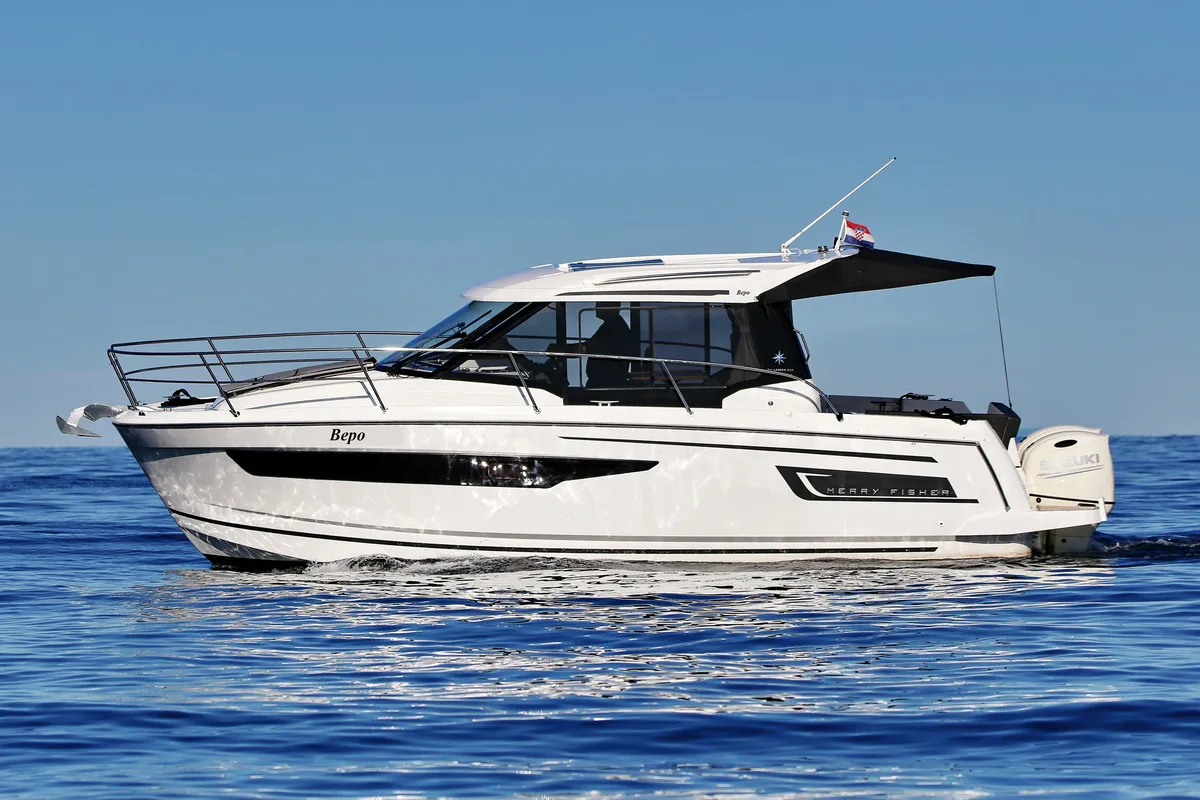 Exterior view of Bepo, a Jeanneau Merry Fisher 895 motorboat at Zadar, Croatia