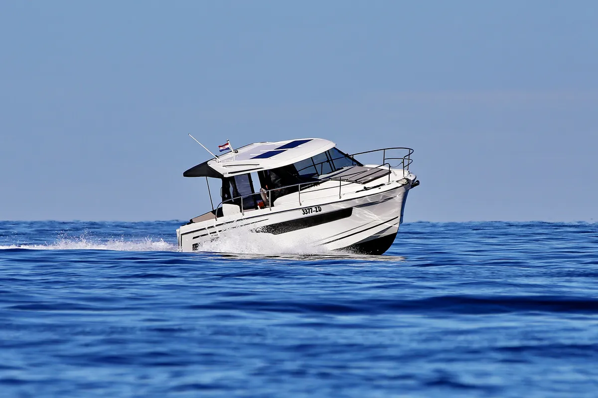Exterior view of Bepo, a Jeanneau Merry Fisher 895 motorboat at Zadar, Croatia