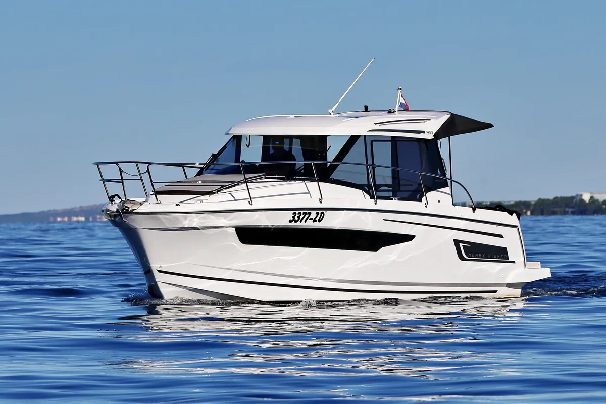 Exterior view of Bepo, a Jeanneau Merry Fisher 895 motorboat at Zadar, Croatia