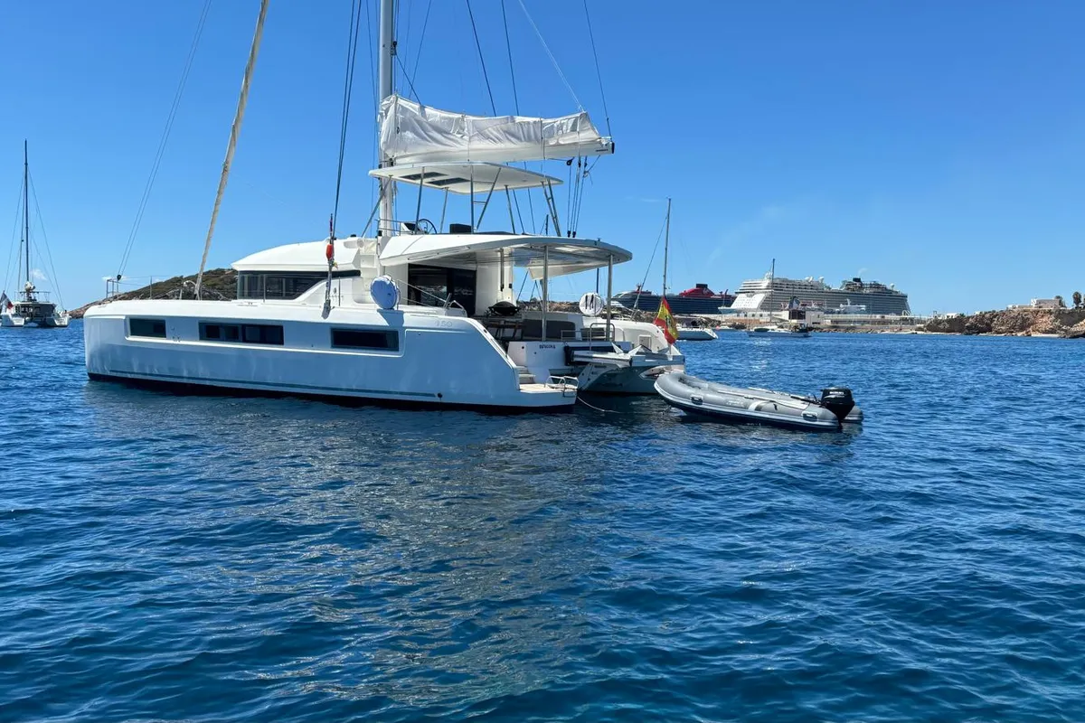 Exterior view of Patagonia, a Lagoon 50 catamaran at Ibiza, Spain