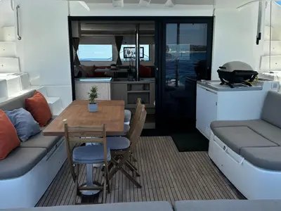 Deck of Patagonia, a Lagoon 50 catamaran at Ibiza, Spain