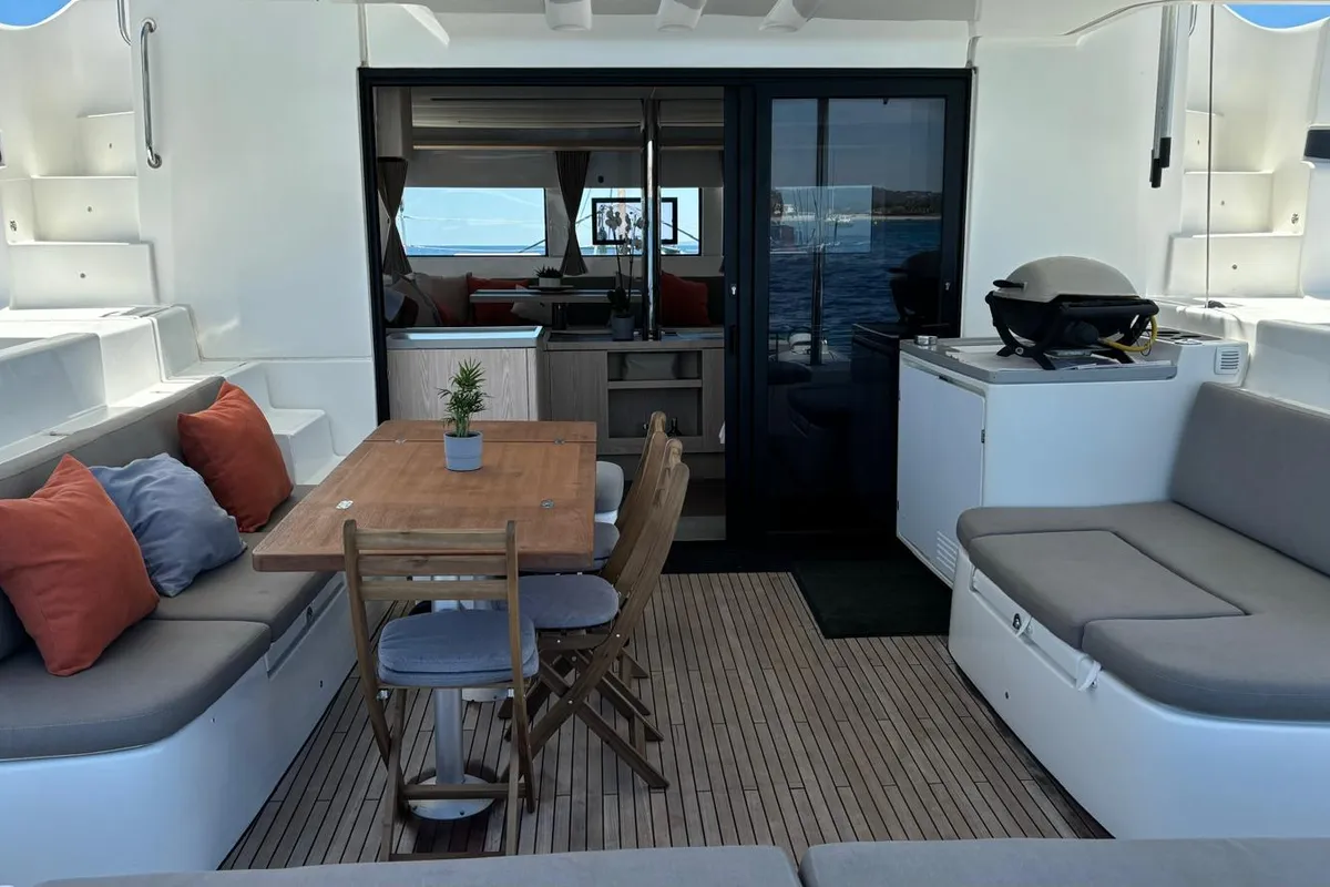 Deck of Patagonia, a Lagoon 50 catamaran at Ibiza, Spain
