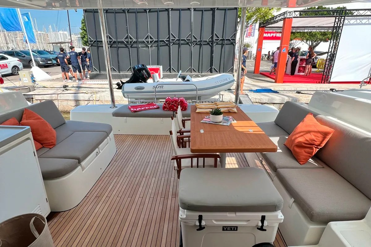 Deck of Patagonia, a Lagoon 50 catamaran at Ibiza, Spain