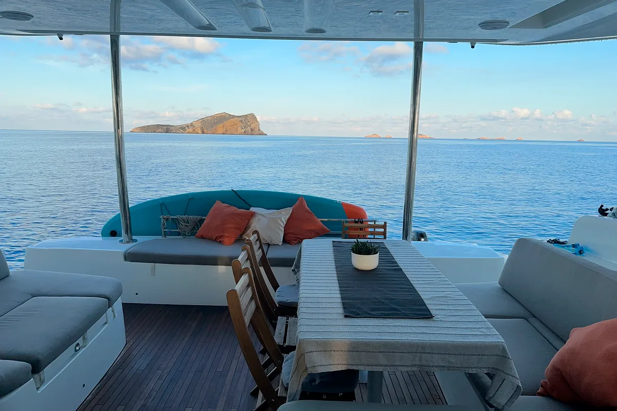 Deck of Patagonia, a Lagoon 50 catamaran at Ibiza, Spain