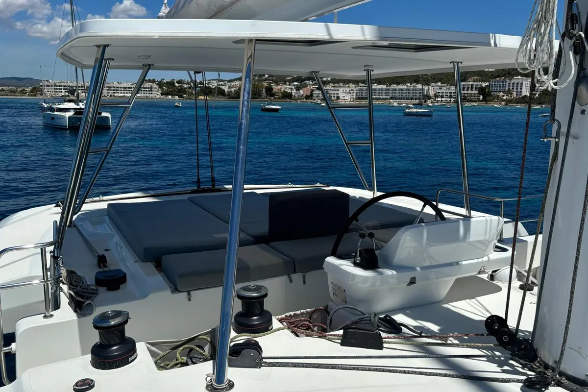 Cockpit of Patagonia, a Lagoon 50 catamaran at Ibiza, Spain