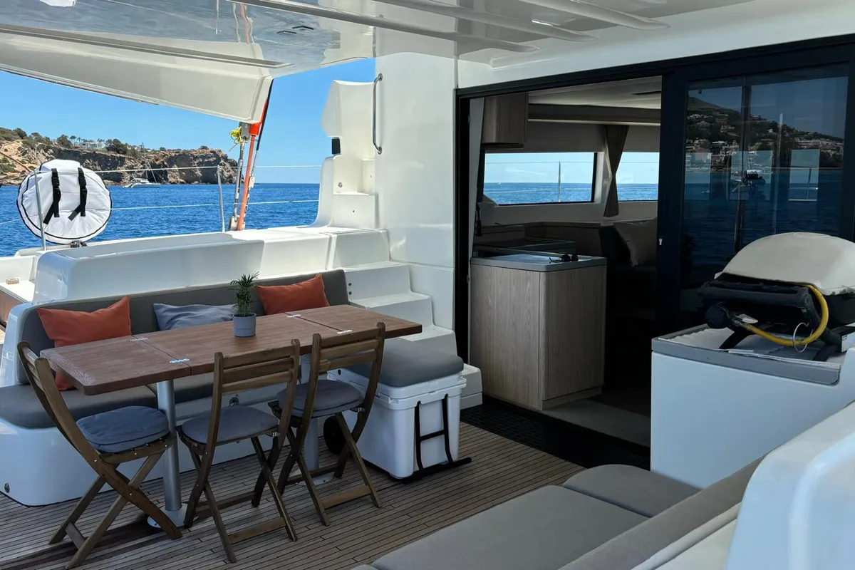Deck of Patagonia, a Lagoon 50 catamaran at Ibiza, Spain