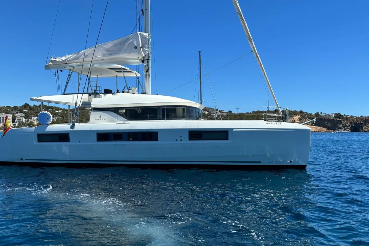Exterior view of Patagonia, a Lagoon 50 catamaran at Ibiza, Spain