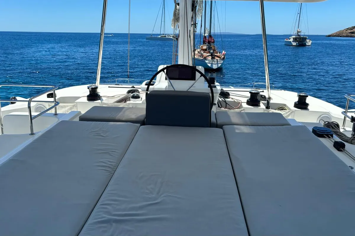 Deck of Patagonia, a Lagoon 50 catamaran at Ibiza, Spain