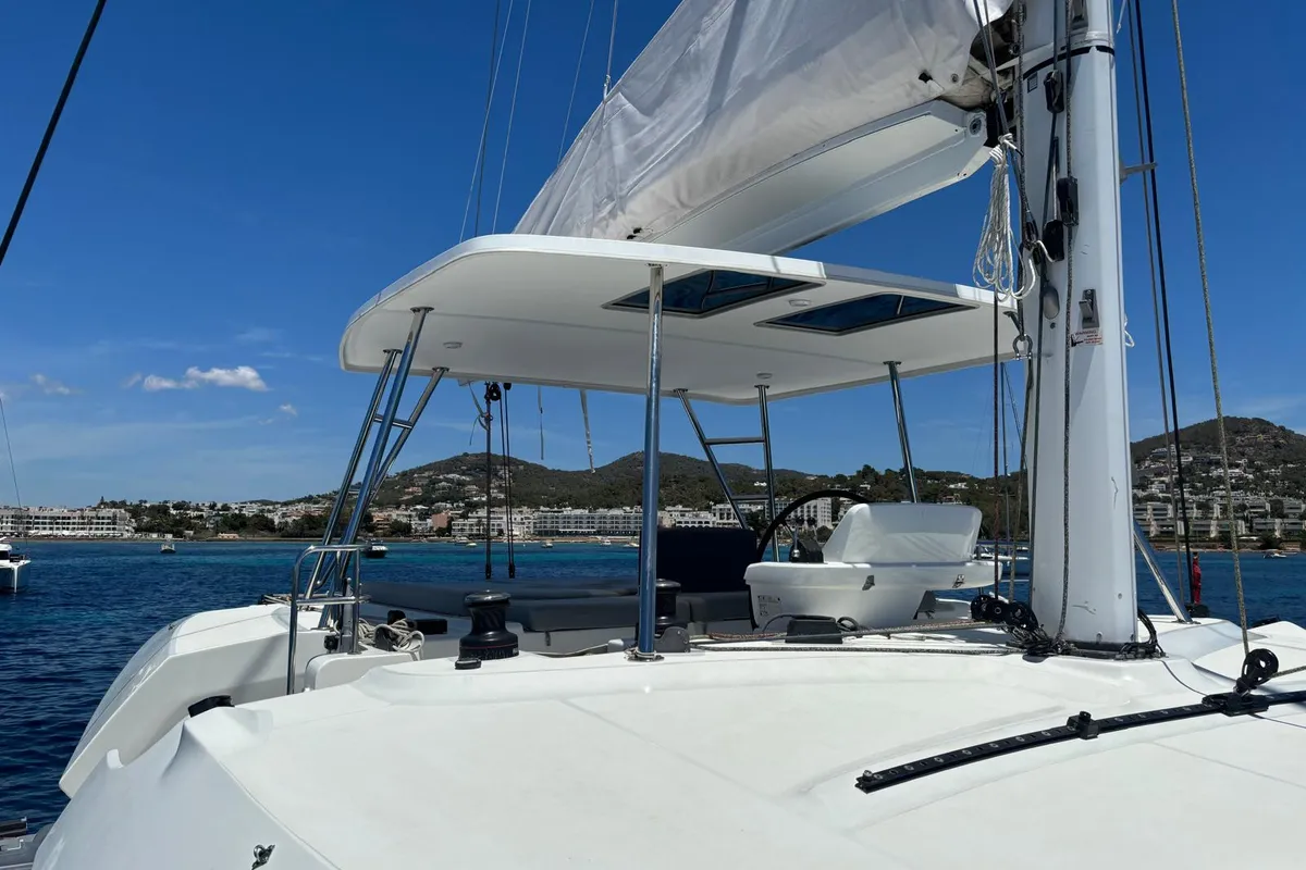 Cockpit of Patagonia, a Lagoon 50 catamaran at Ibiza, Spain