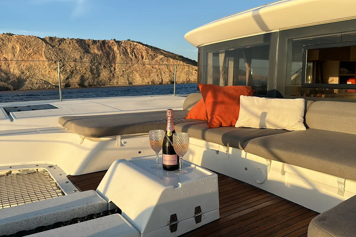Deck of Patagonia, a Lagoon 50 catamaran at Ibiza, Spain