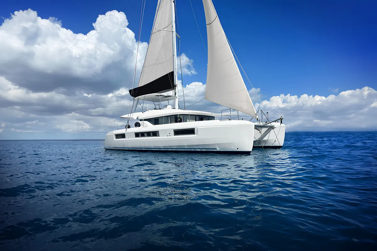 Exterior view of Patagonia, a Lagoon 50 catamaran at Ibiza, Spain