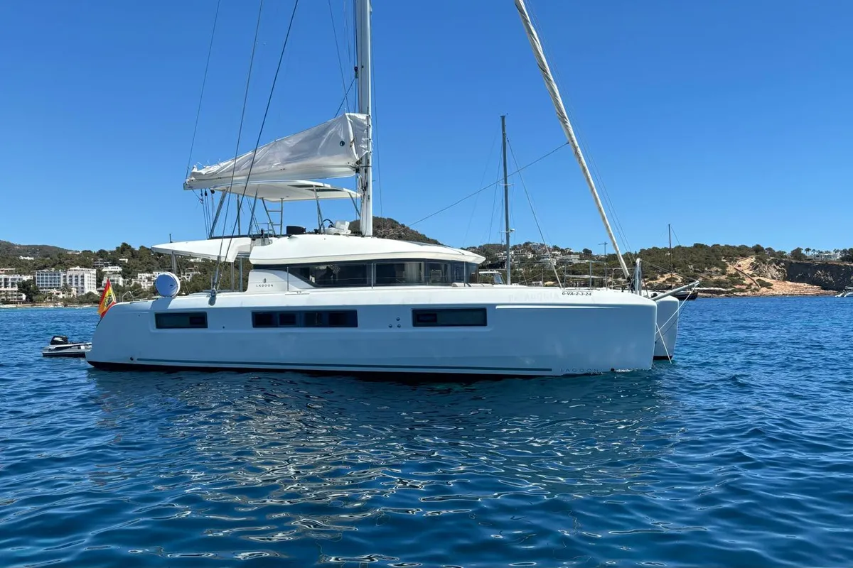 Exterior view of Patagonia, a Lagoon 50 catamaran at Ibiza, Spain