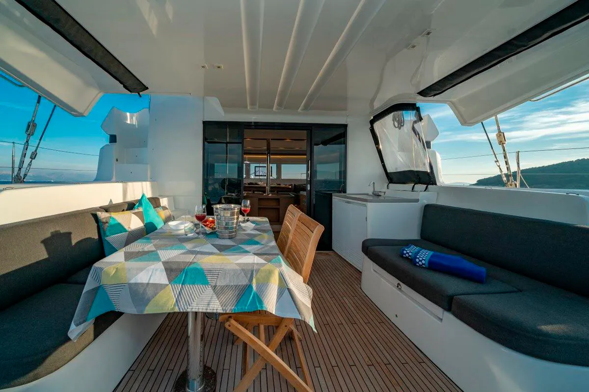 Deck of Patagonia, a Lagoon 50 catamaran at Ibiza, Spain
