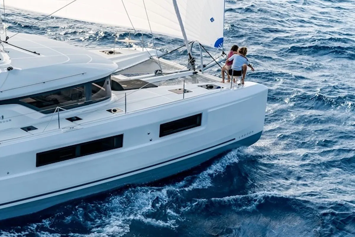 Exterior view of Patagonia, a Lagoon 50 catamaran at Ibiza, Spain