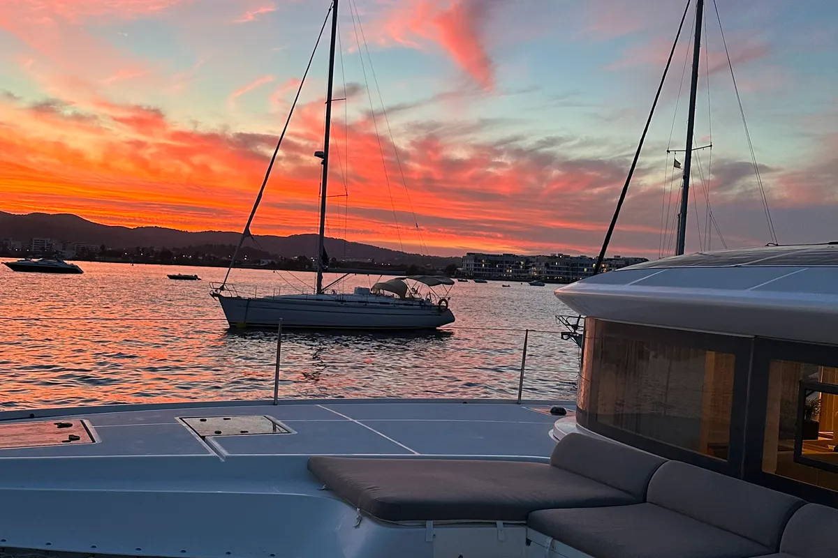 Deck of Patagonia, a Lagoon 50 catamaran at Ibiza, Spain