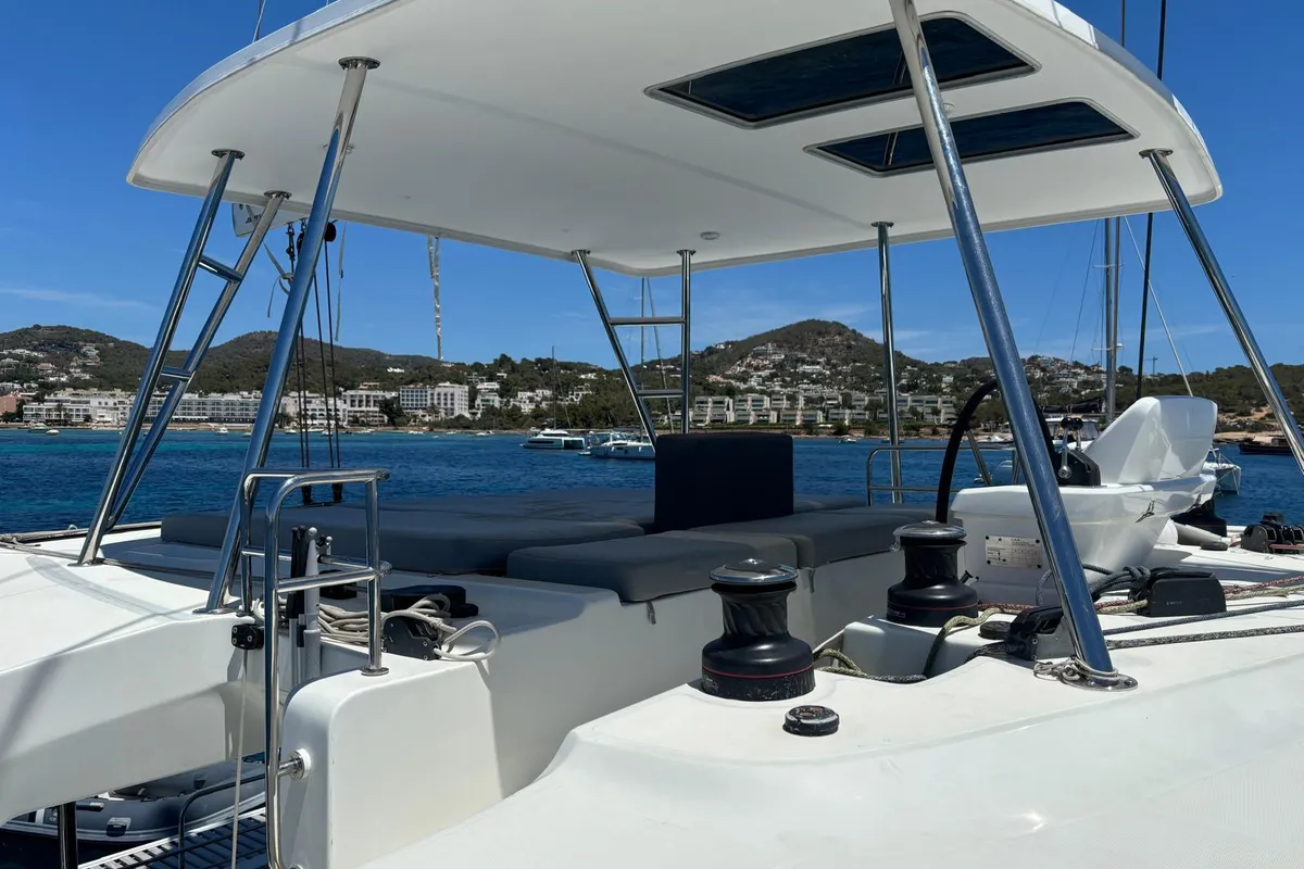 Deck of Patagonia, a Lagoon 50 catamaran at Ibiza, Spain