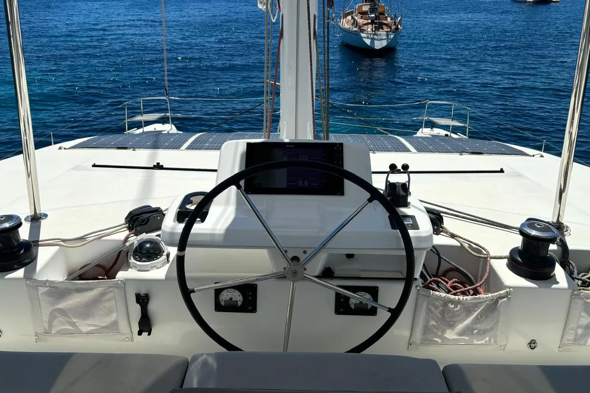 Cockpit of Patagonia, a Lagoon 50 catamaran at Ibiza, Spain