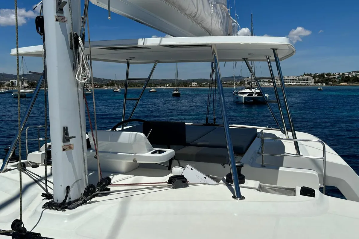 Deck of Patagonia, a Lagoon 50 catamaran at Ibiza, Spain