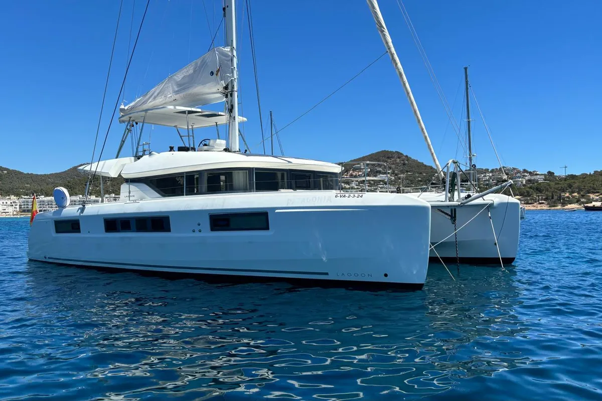 Exterior view of Patagonia, a Lagoon 50 catamaran at Ibiza, Spain