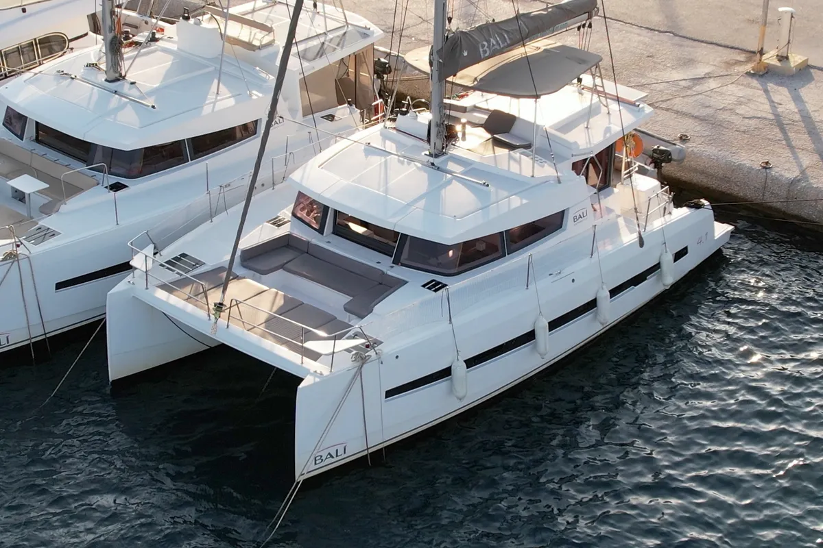 Exterior view of Double Kiss, a Bali 4.1 catamaran at Svoronata, Greece