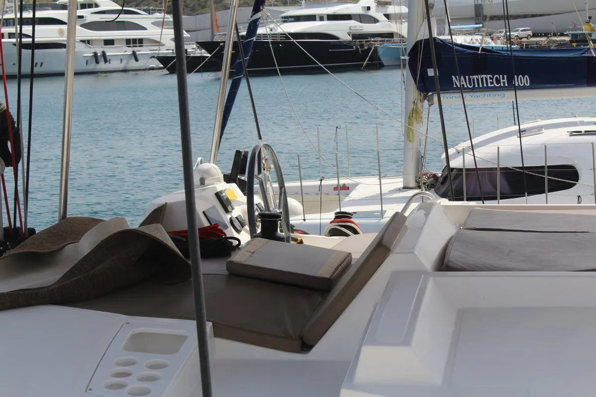 Cockpit of Double Kiss, a Bali 4.1 catamaran at Svoronata, Greece