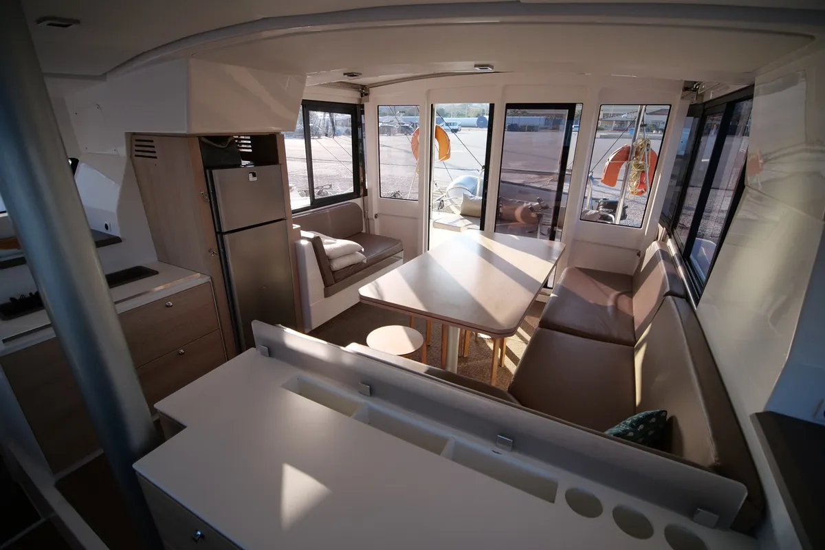 Salon of Double Kiss, a Bali 4.1 catamaran at Svoronata, Greece