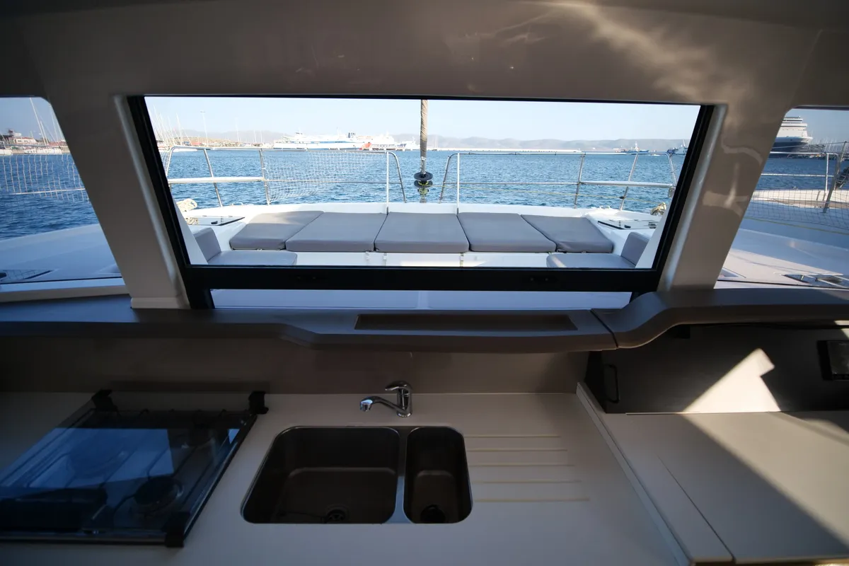Galley of Double Kiss, a Bali 4.1 catamaran at Svoronata, Greece