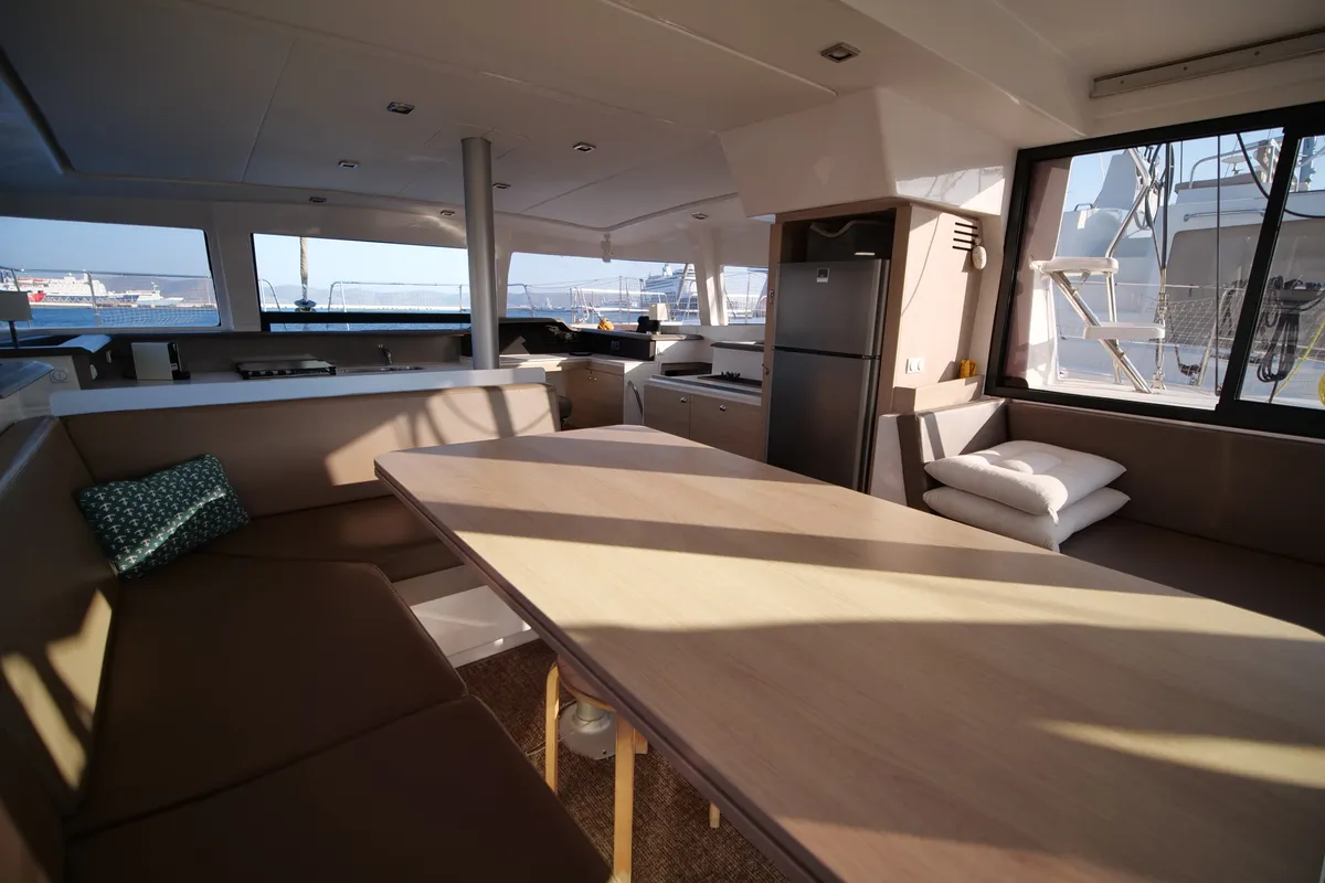 Salon of Double Kiss, a Bali 4.1 catamaran at Svoronata, Greece