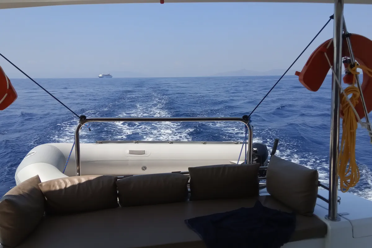 Deck of Double Kiss, a Bali 4.1 catamaran at Svoronata, Greece