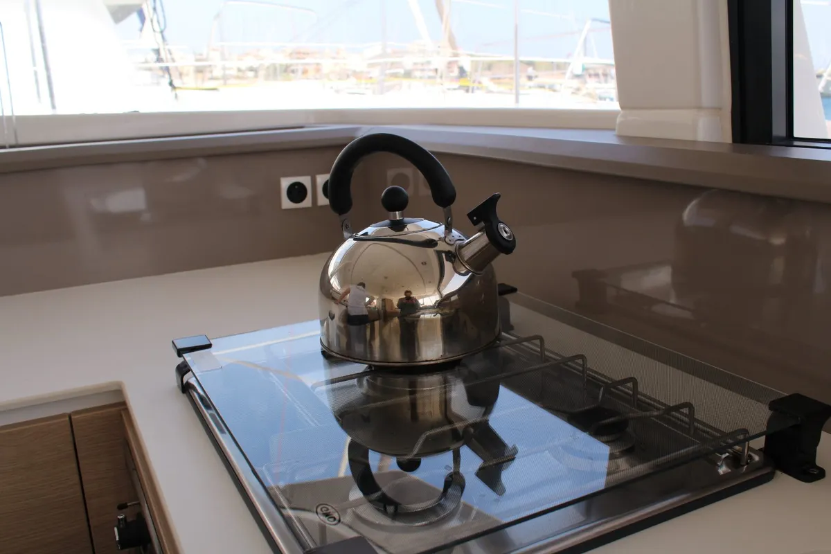 Galley of Double Kiss, a Bali 4.1 catamaran at Svoronata, Greece