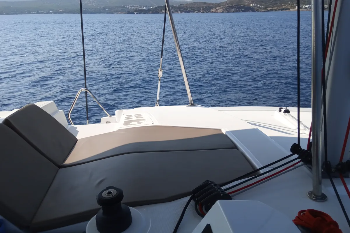 Deck of Double Kiss, a Bali 4.1 catamaran at Svoronata, Greece