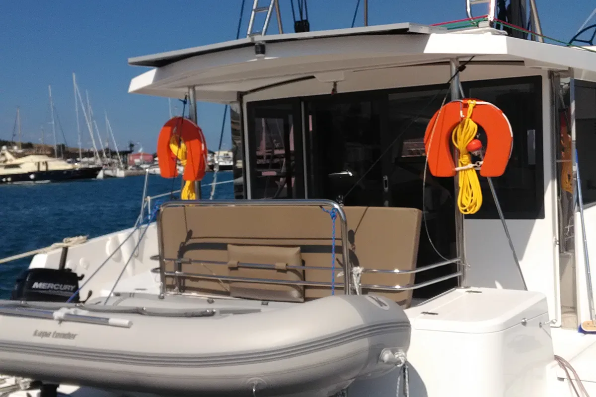 Deck of Double Kiss, a Bali 4.1 catamaran at Svoronata, Greece
